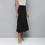Women Black Front Slit Flared Midi Skirt