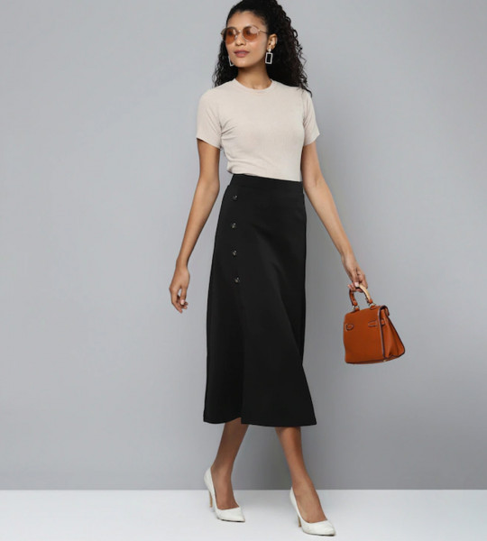 Women Black Front Slit Flared Midi Skirt